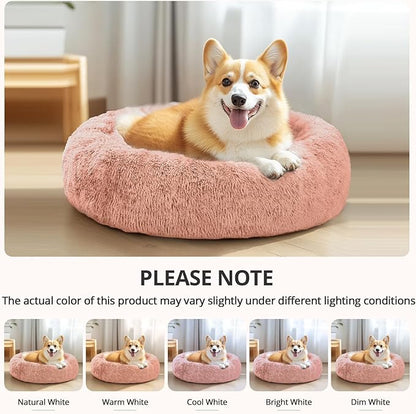 JOLLYVOGUE Calming Dog Bed Medium Size Dog, 31in Donut Washable Medium Pet Bed, Anti-Slip & Anti-Anxiety Fluffy Faux Fur Round Dogs Bed, Fits up to 45 lbs Pets (Peach Pink)