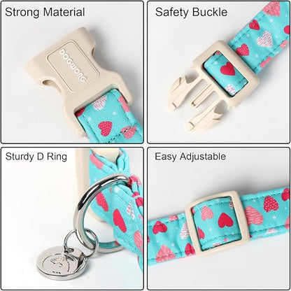 DOGWONG Valentine's Dog Collar - Blue Heart Adjustable Cotton Heart Dog Collar - Perfect for Medium & Large Dogs