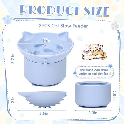 2 Pack Silicone Cat Slow Feeder, Elevated Slow Feeder Cat Bowl for Dry and Wet Food, Tilted Design with Non Slip Base, Adjustable Angle for Pet(Green and Blue)