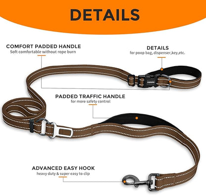 Kazazoo Hands-Free Dog Leash with Adjustable Length 6-9FT + Dual Padded Handles Reflective Safety for Walking, Jogging & Training| Suitable for Medium to Large Dogs & Puppies Brown-L