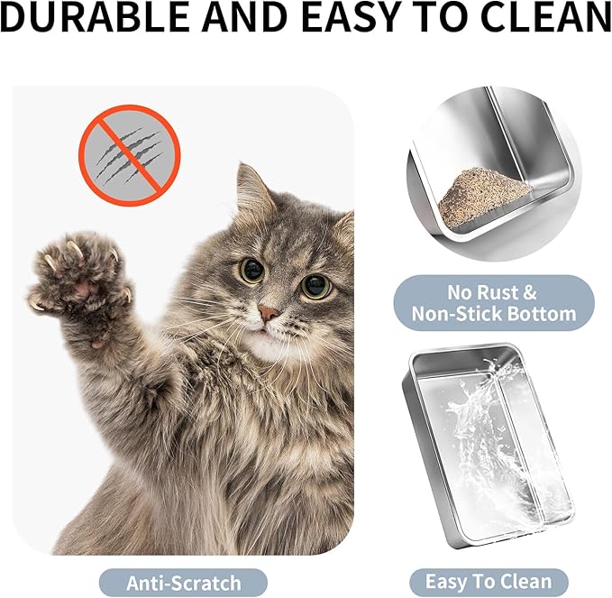 Prodigen Extra Large Stainless Steel Cat Litter Box with Lid High Wall Sides Enclosure, Non-Sticky, Anti-Leakage, Easy Cleaning，with Cat Mat & Metal Scoop, 24" L x 16" W x 12" H, 2 Pack