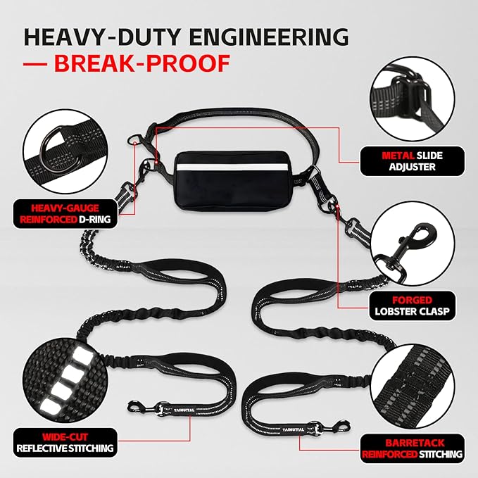 Hands Free Dog Leash for 2 Dogs with Waist Belt & Large Pouch, Waist Leash for Dog Walking, Running & Hiking, Double Retractable Dog Leashes for Medium/Large Dogs with Dual Handles, Black
