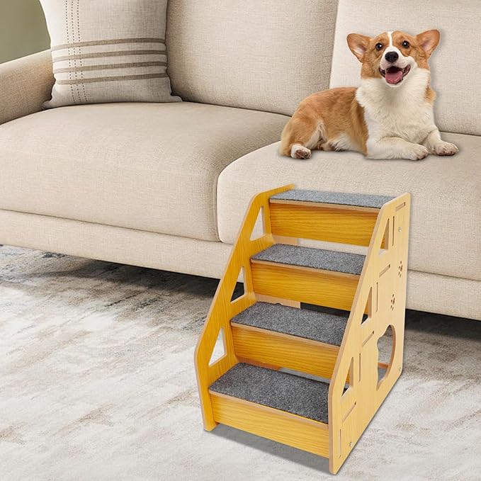 PetStep Foldable Dog Stairs, 4-Step Triangle Pet Ramp for Small Medium Dogs Cats, Non-Slip Indoor Stairs for Sofa Bed Car, Easy Assembly