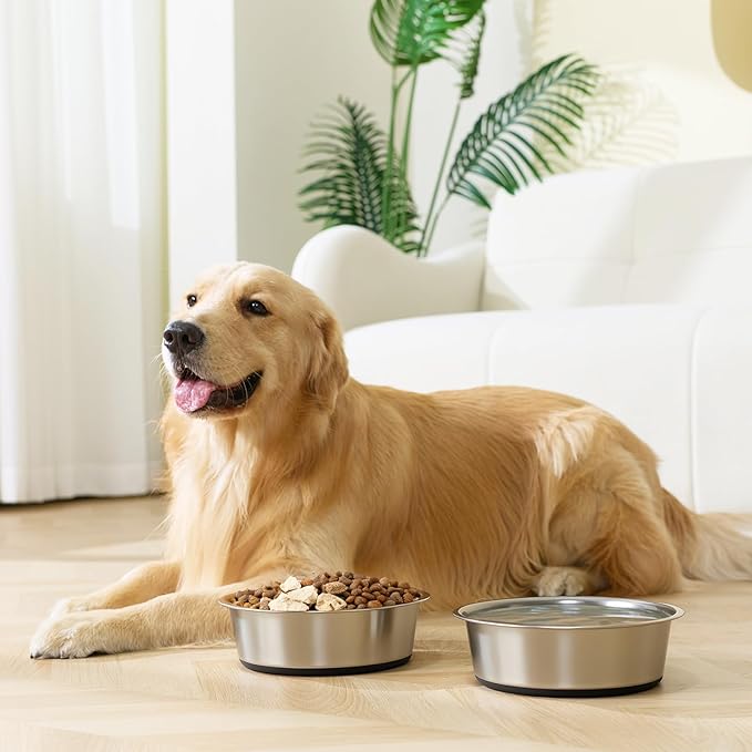 Dog Bowls Durable Heavy Duty Stainless Steel Dog Bowls Non-Slip Basic Bowl for Dogs with Rubber Base (2 Pack, 7 Cups)