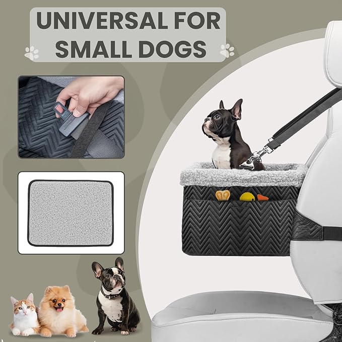 Leather Dog Car Seat for Small Dogs Under 20lbs, Dog Booster Seat with Metal Frame Construction Double-Layer Oxford Puppy Car Seats with Safety Leash Perfect for Small Pets Dogs Cats