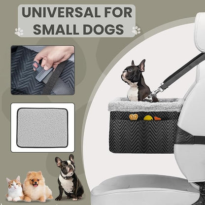 Leather Dog Car Seat for Small Dogs Under 20lbs, Dog Booster Seat with Metal Frame Construction Double-Layer Oxford Puppy Car Seats with Safety Leash Perfect for Small Pets Dogs Cats
