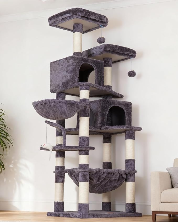 Heybly Cat Tree, 70 inches Tall Cat Tower Condo with Toy for Indoor Large Cats, Cat House Furniture with Padded Plush Perch, Cozy Hammock and Sisal Scratching Posts, Smoky Gray HCT032G