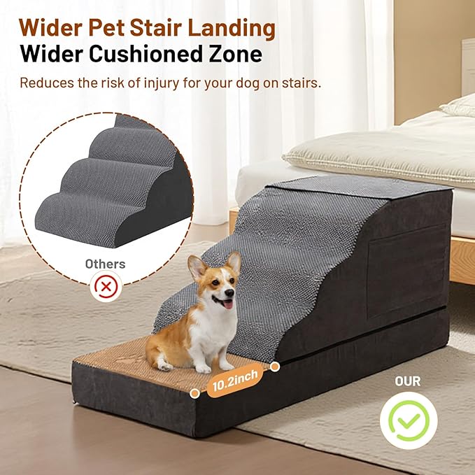 Large Dog Stairs – Extra Large Dog Steps for Bed, Couch & Car, 6-Step Pet Steps for Puppies & Senior Dogs, Pet Stairs with Washable Cover, Side Pockets, Non-Slip Bottom, 43.3" L x 19.7" W Grey