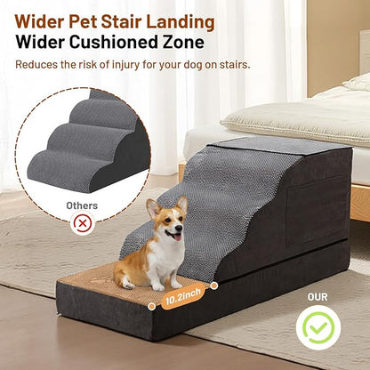 Large Dog Stairs – Extra Large Dog Steps for Bed, Couch & Car, 6-Step Pet Steps for Puppies & Senior Dogs, Pet Stairs with Washable Cover, Side Pockets, Non-Slip Bottom, 43.3" L x 19.7" W Grey