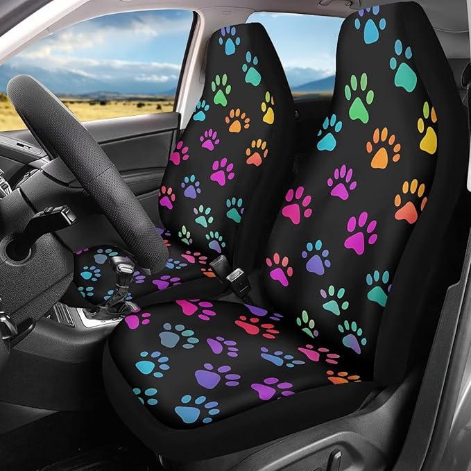 Colorful Dog Paws Car Seat Covers Waterproof Front Seat Covers Easy Installation Stretch Polyester Fabric Cover Protection Interior Accessories Universal Fit Most Cars,SUV, Trucks