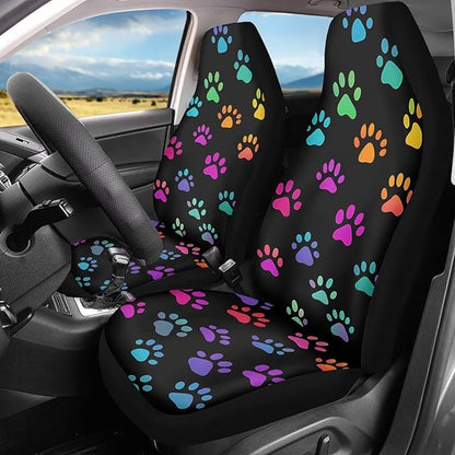 Colorful Dog Paws Car Seat Covers Waterproof Front Seat Covers Easy Installation Stretch Polyester Fabric Cover Protection Interior Accessories Universal Fit Most Cars,SUV, Trucks