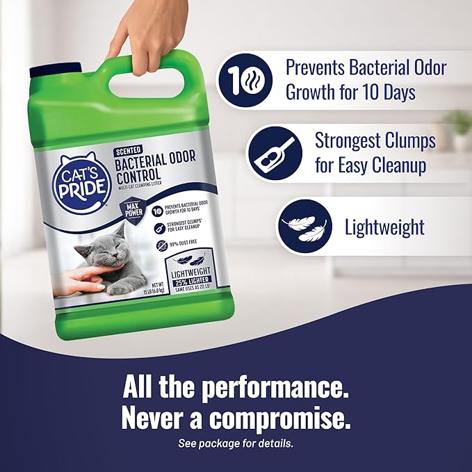 Cat's Pride Max Power: Bacterial Odor Control - Up to 10 Days of Powerful Odor Control - Strong Clumping - 99% Dust Free - Multi-Cat Litter, Scented, 15 Pounds