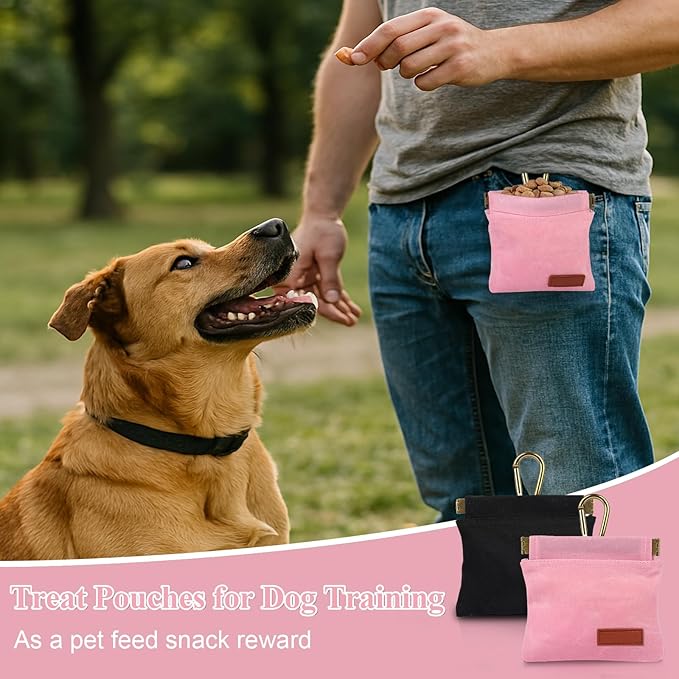 2Pcs Dog Treat Pouches for Pet Training, Hand Free Puppy Dogs Treat Bag with Carabiner, Portable Auto Closing Pet Dog Walking Bag for Travel or Outdoor Use, Pets Feed Snack Reward Pocket- Black, Pink