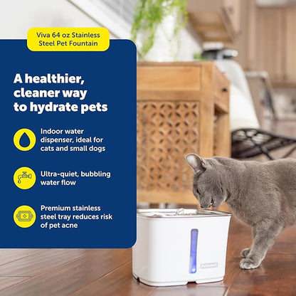 PetSafe Viva Pet Fountain - Encourages Healthy Hydration - Automatic Water Dispenser with Double Filtration - Ultra Quiet Water Fountain - Easy to Assemble - Dishwasher Safe - Stainless Steel - 64 oz