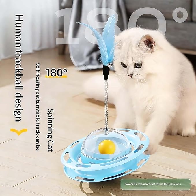 Cat Toy for Indoor Cats, 4-in-1 Interactive Pet Plaything, Blue Cat Ball Track with Treat Dispenser, Feather Teaser, Self-Play Tumbler Toy