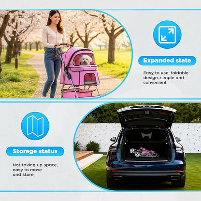 BestOffice Pet Stroller for Small Medium Dogs & Cats, 4-Wheel Foldable Dog Stroller with Cup Holder, Lightweight Travel Carrier, Waterproof Design for Outdoor Walks, Pink