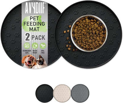 Pet Feeding Mats for Food and Water, Waterproof Anti-Slip Placemats for Dog Cat Bowl, 2 Pack Silicone Pet Food Mat, Dishwasher Safe 10.9 × 10.9 (2 Black, Small Paws)