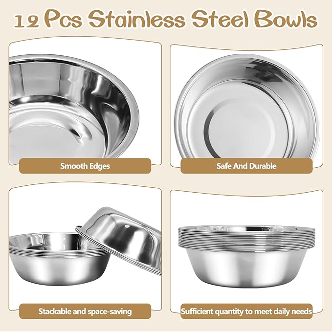kathson 12 PCS Small Stainless Steel Dog Bowls, Replacement Metal Puppy Food Water Bowl Set Suit for Indoor Outdoor, Pet Feeding Dish for Small Animals Kitten, Dishwasher Safe (5.5 in)