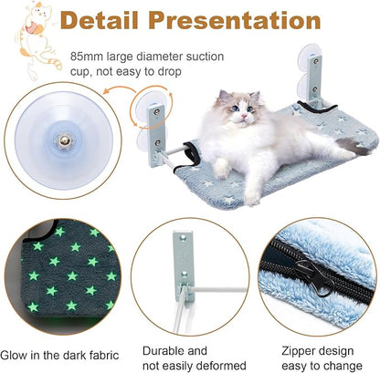 Glow in The Dark Cat Window Perch, Large Foldable Hammock Bed with 4 Strong Suction Cups and Warm Soft Zipper Removable Cushion for Indoor Cats (Stars)