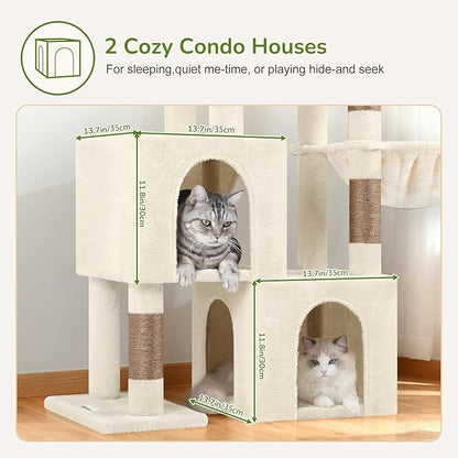 Globlazer Cat Tree Condo Tower for Multiple Indoor Cats, 52in Multi-Level Cat Scratching Tree with Cat Condos, 5 Sisal Scratching Posts, 2 Padded Perches, Big Haging Basket, Widened Base, S52, Beige