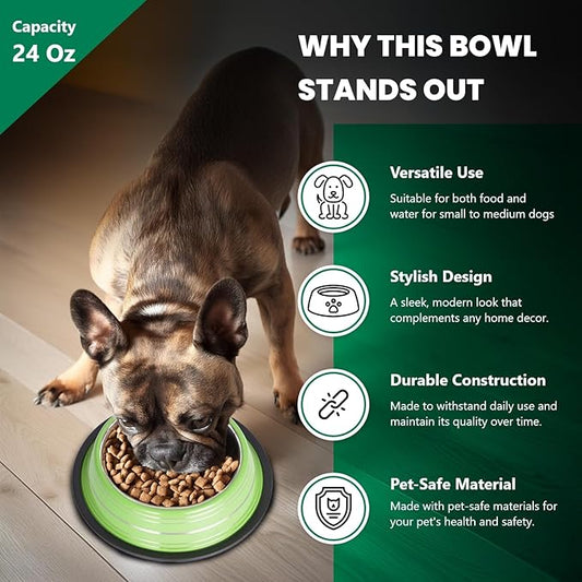 Iconic Pet Color Splash Stripe Non-Skid Stainless Steel Dog & Cat Bowl - Green, 24 Oz, 3 Cup, Durable, Easy to Clean, Anti-Slip Feeding Dish for Food & Water, Stylish Design for Dogs and Cats