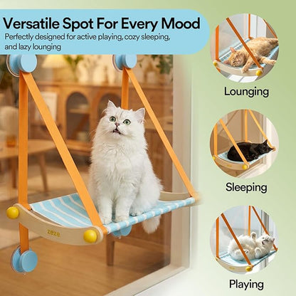 ZEZE Hanging Window Cat Hammock, 360° Panoramic View Window Perch, Canvas Bed, 4 Heavy-Duty Suction Cups, Space-Saving Cat Lounge, Up to 13 Pounds