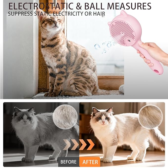 Steam Pet Grooming Brush for Cats & Dogs, Spray Silicone Deshedding Brush Reduces Shedding & Static, One-Click Fur Removal, Rechargeable Cat Dog Grooming Tool, Pink