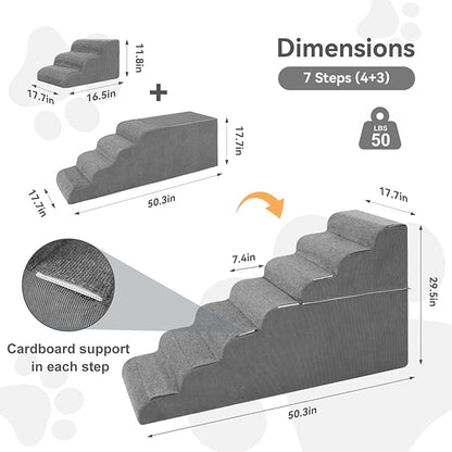7 Steps Dog Steps for High Bed, 29.5'' High Dog Stairs for Small Dogs, Waterproof Pet Stairs for Small Old Large Dogs and Cats with Removable Cover & PE Support Board for Bed, Car or Couch
