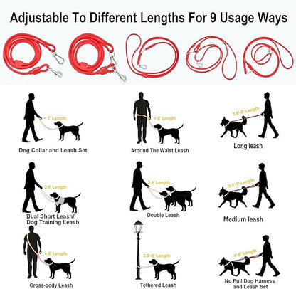 Hands Free Dog Leash Crossbody & Waist for Walking, 9-in-1 No Pull Dog Harness & Leash Set, Heavy Duty Waterproof Slip Lead for Large Medium Breeds (20-120lbs, Red)