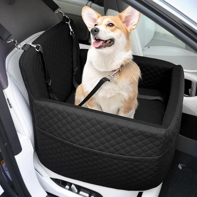 Dog Car Seat for Small & Medium Dogs Under 35lbs, Detachable & Washable Pet Car Seat, Interior Height 6 Inches Dog Booster Seat with Storage Pockets and 2 Dogs Safety Belts (Black)