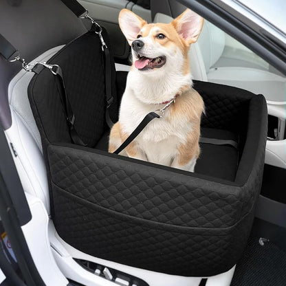 Dog Car Seat for Small & Medium Dogs Under 35lbs, Detachable & Washable Pet Car Seat, Interior Height 6 Inches Dog Booster Seat with Storage Pockets and 2 Dogs Safety Belts (Black)