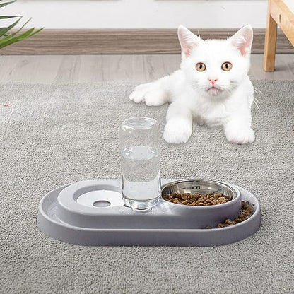 Luck Dawn Pet Feeder, Stainless Steel Double Dog Cat Bowls with Automatic Water Dispenser, for Small and Medium Pets, 500ml, Pink/Blue/Grey