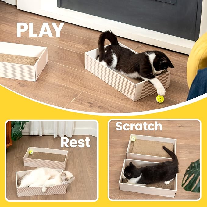 Cat Scratcher Box with 4 Scratching Pads&2 Separate Cardboard Boxes,2-in-1 Cardboard Cat Scratch for Multiple Kitten Interactive Play,Birthdays Holiday Toys Gift,Gradient-Ball Toy