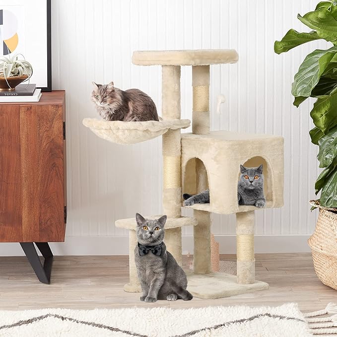 BestPet | 37" Cat Tree Tower | Beige | Sturdy Multi-Level Cat Tree with Plush Condo, Cozy Perch, Sisal Scratching Posts, Hanging Toy and Hammock | Easy Assembly | for Kittens & Adult Cats