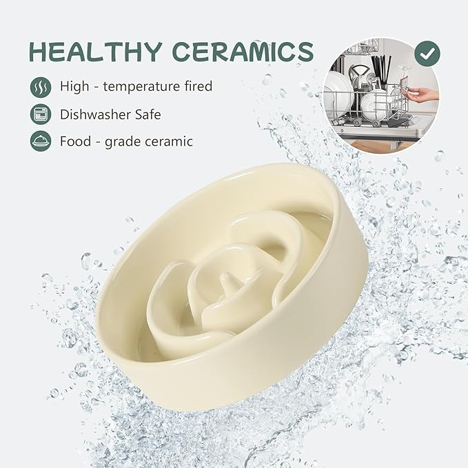 Ceramic 0.9 Cup Raised Dog Slow Feeder Set, Elevated Bowl with Wooden Stand for Small Dog and Cat, 6.1inch Puzzle Slow Dog Food Dish, Anti-Gulping(Light Yellow, Single Bowl+ Stand)