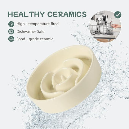 Ceramic 0.9 Cup Raised Dog Slow Feeder Set, Elevated Bowl with Wooden Stand for Small Dog and Cat, 6.1inch Puzzle Slow Dog Food Dish, Anti-Gulping(Light Yellow, Single Bowl+ Stand)