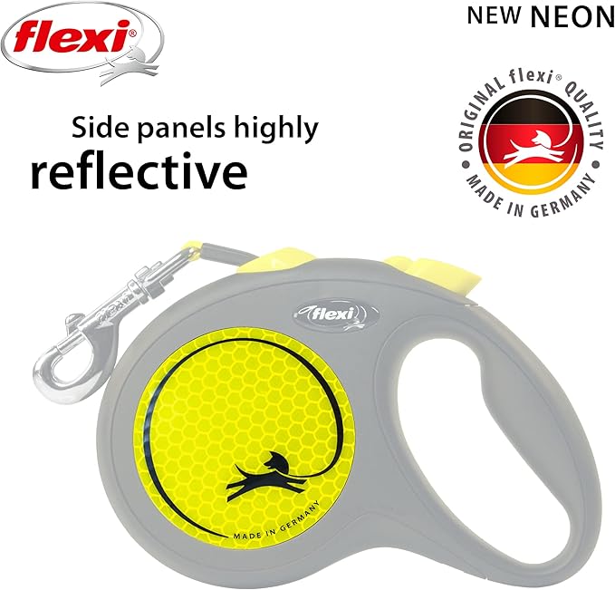 FLEXI New Neon Tape Retractable Dog Leashes for Large Dogs Upto 110 lbs. – 16 ft., Neon Yellow/Black | Tangle Free Pet Walking Leash with One-Handed Brake, Pause, Lock|German Quality Product