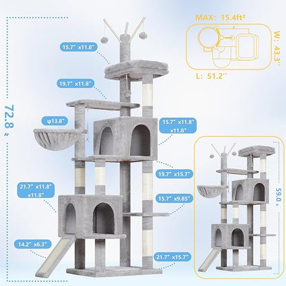 Hey-brother Cat Tree Tower, Sturdy Scratching Posts with Platform, Large Condos, Hammock, Removable Toys, Scratch Board, Multi-Level Furniture for Indoor Cats, 59.0 or 72.8 Inches, Light Gray MPJ055W