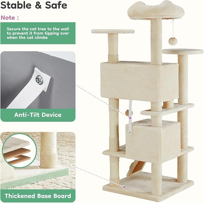 DUMOS 54-inch Indoor Cat Tree Tower –Multi-Level Pet House for Large Cats with 2 Condos, Scratching Posts, Round Platform, Small Ladder, and Toys, Beige