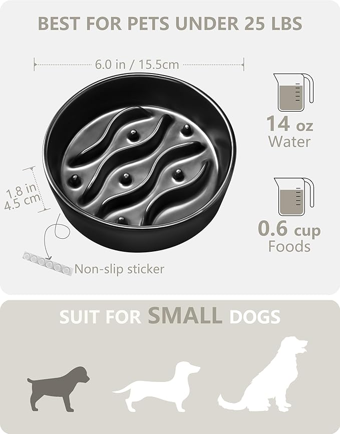 Ceramic Slow Feeder Dog Bowls for Small Dogs, 0.6 Cup Dog Slow Feeder for Fast Eater, Puzzle Maze Bowl, 14oz, 6in, Black