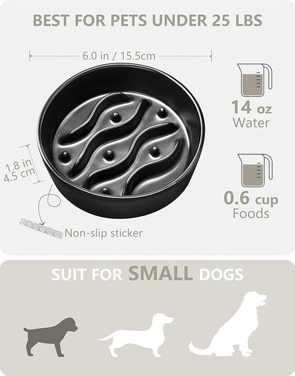 Ceramic Slow Feeder Dog Bowls for Small Dogs, 0.6 Cup Dog Slow Feeder for Fast Eater, Puzzle Maze Bowl, 14oz, 6in, Black