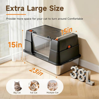 Stainless Steel Litter Box with Lid, Side Entry Extra Large High Sided Enclosure Litter Box, Removable Upper Cover Leak-Proof Odorless Non-Stick Easy Clean Metal Pan with Scoop & Mat