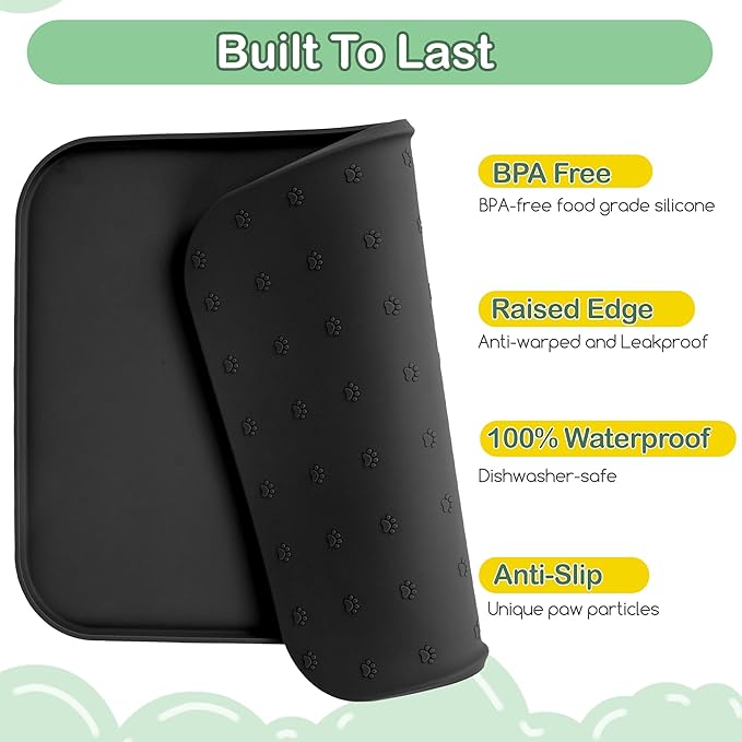 100% Waterproof Silicone Pet Feeding Mat,Warped Resistant Raised Edge BPA-Free Dog Cat Food Mats, Non-Slip Pet Placemat with High Lip to Prevent Spills, Dishwasher Safe, 21.5"x14" Black