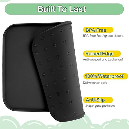 100% Waterproof Silicone Pet Feeding Mat,Warped Resistant Raised Edge BPA-Free Dog Cat Food Mats, Non-Slip Pet Placemat with High Lip to Prevent Spills, Dishwasher Safe, 21.5"x14" Black