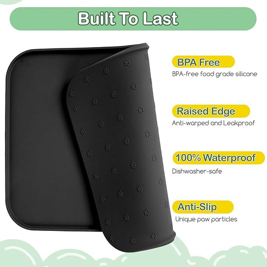 100% Waterproof Silicone Pet Feeding Mat,Warped Resistant Raised Edge BPA-Free Dog Cat Food Mats, Non-Slip Pet Placemat with High Lip to Prevent Spills, Dishwasher Safe, 21.5"x14" Black