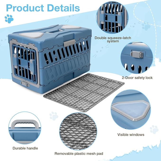 Pet Carrier for Cats & Small Dogs, Foldable & Durable Hard Cat Carrier Plastic, 2-Door 360° Ventilation Clear Top Pet Travel Kennel Crate for Longer Traveling Upto 22Lbs (22.0" L x 13.0" W x 14.6" H)