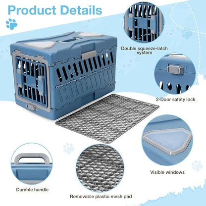 Pet Carrier for Cats & Small Dogs, Foldable & Durable Hard Cat Carrier Plastic, 2-Door 360° Ventilation Clear Top Pet Travel Kennel Crate for Longer Traveling Upto 22Lbs (22.0" L x 13.0" W x 14.6" H)