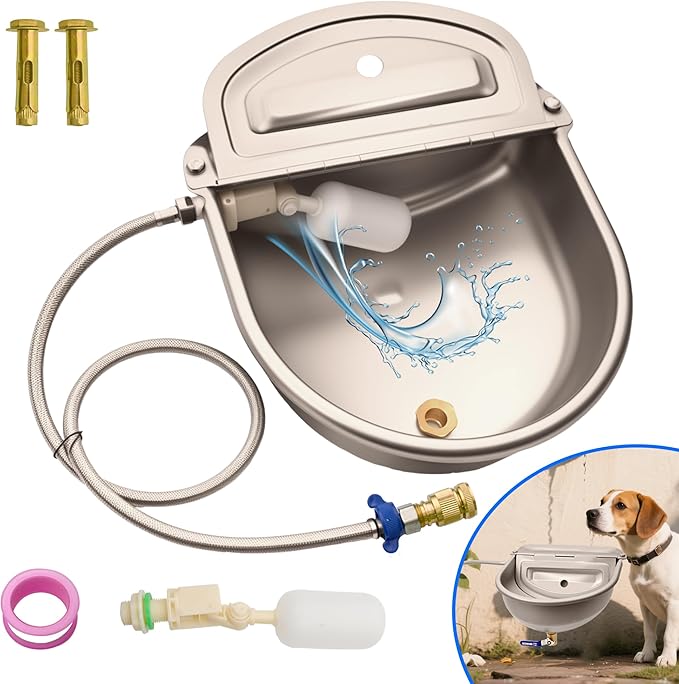 Automatic Dog Water Dispenser with Drain Hole & Drain Valve, Stainless Steel Auto Dog Water Bowl with 2 Float Valves, Hose Quick Connect Fitting, for Livestock, Chicken, Horse (3 Gallons)
