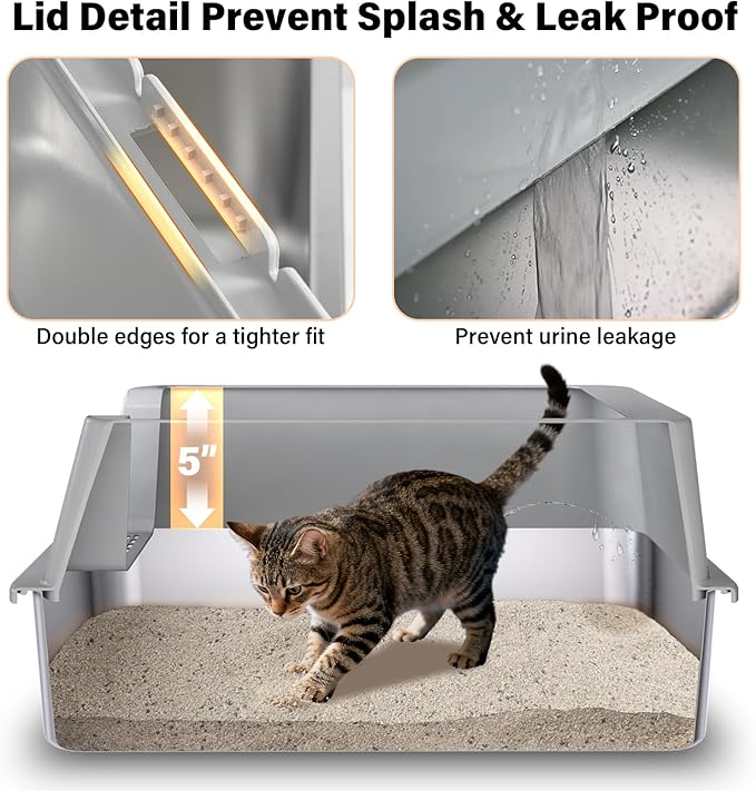 Stainless Steel Cat Litter Box with Lid, 2 Pack XL Metal Litter Box Stainless Steel with Mat & Scoop, Odor-Free/Anti-Leakage & Non-Stick, High-Sided Litter Box for Multiple Big Cats(XL/Grey)