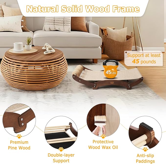 Extra-Larger Sisal Cat Scratcher Bed with Ball, 3-in-1 Cat Scratching Pad with Hammock, Natural Sisal with Solid Wood Frame Cat Scratch Post for Indoor Cats Lounger & Sleep & Scratch (Walnut)